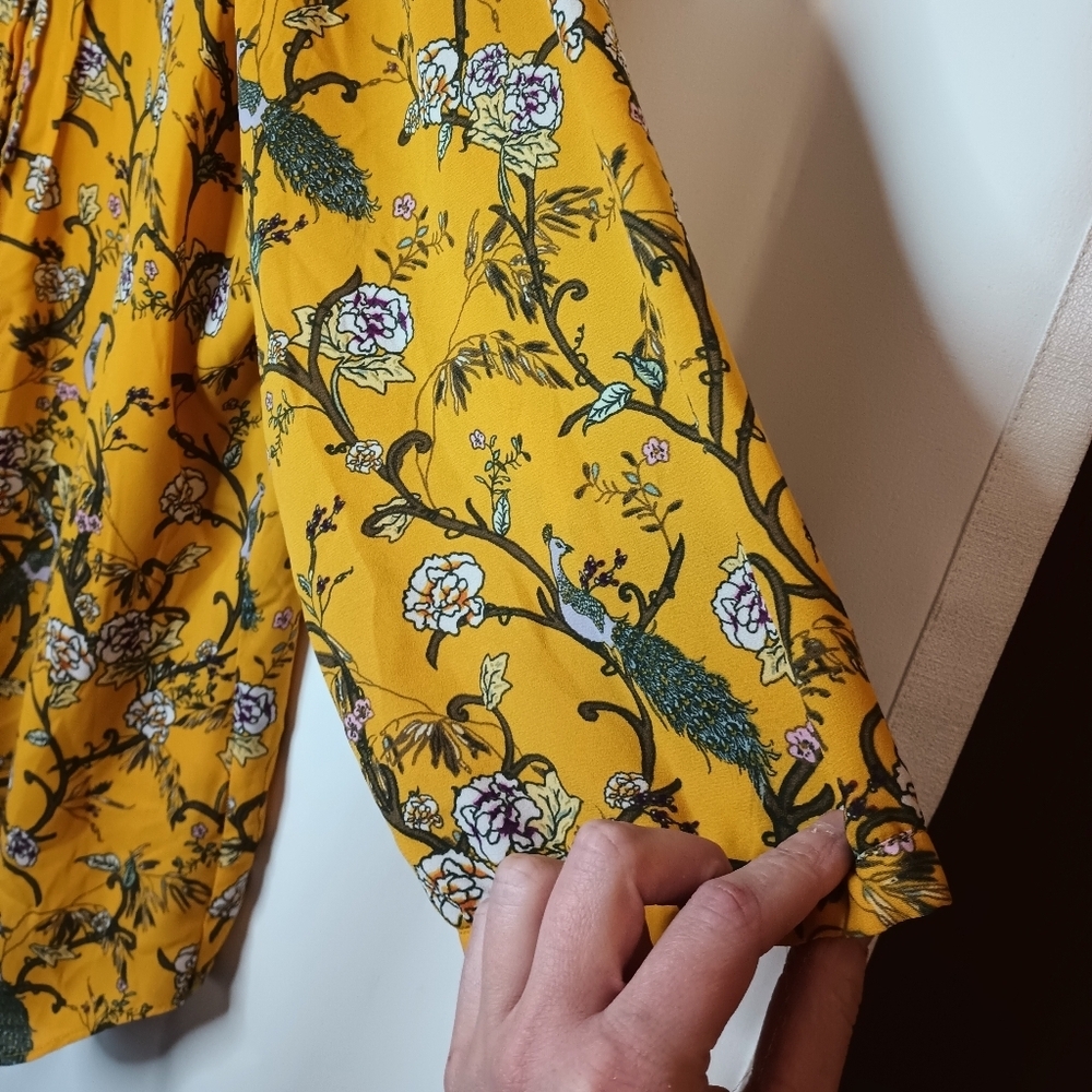 Rose Olive 1X Peacock Floral Peasant Blouse Top Mustard Yellow Button Flowy Boho - Picture 6 of 13